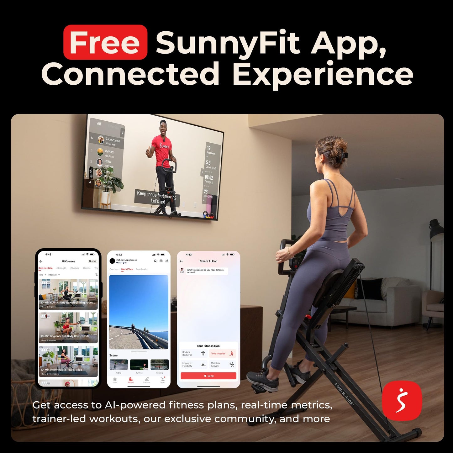 Sunny Health & Fitness Smart Heavy Duty Row-N-Ride, Squat Assist Trainer for Full Body Workout, 350 LB Capacity, 5-Level Resistance, Padded Seat, and Free SunnyFit App Connection – NO. 077PLUSSMART