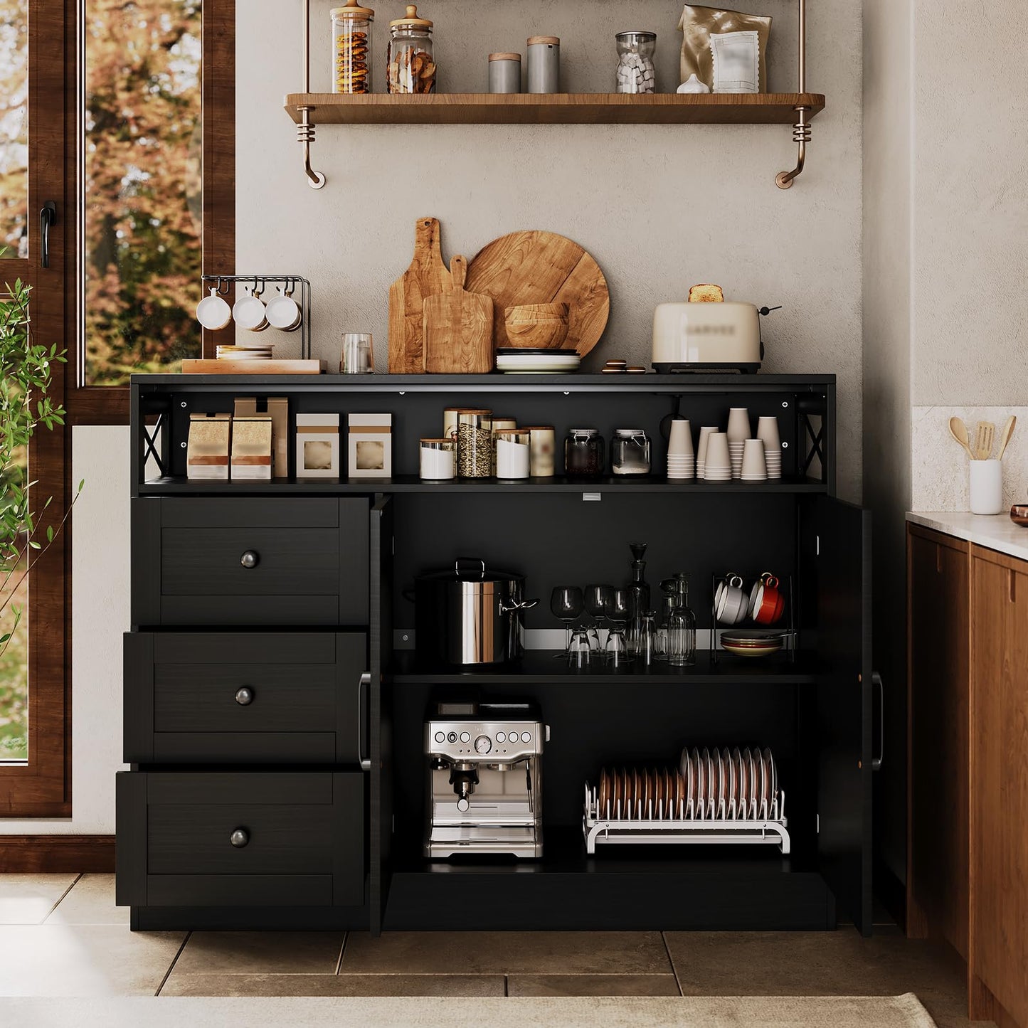 IDEALHOUSE 47" Buffet Cabinet Sideboard, Farmhouse Coffee Bar with Open Shelf, 2 Doors and 3 Drawers, Wood Wine Bar Storage Cabinet with Built-in Charging Station for Dining Room Living Room- Black
