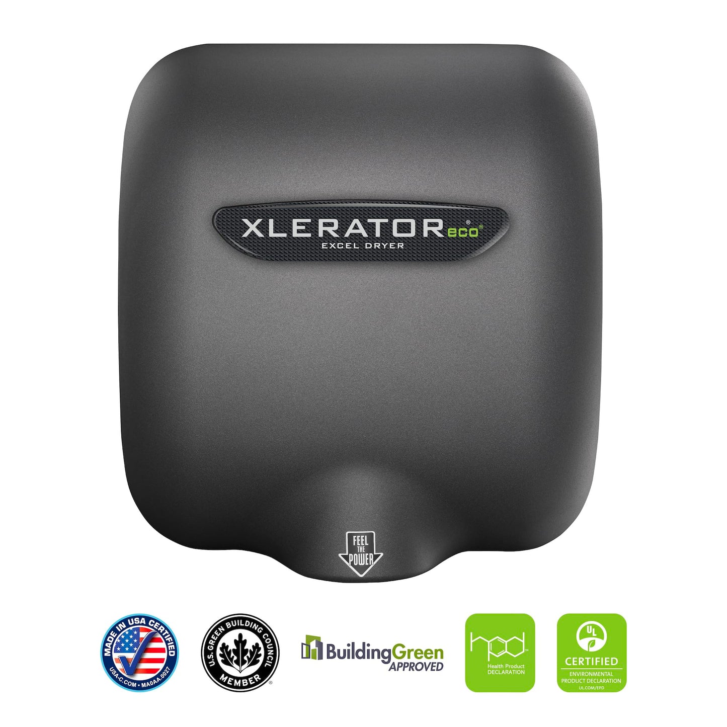 XLERATOReco Hand Dryer, Excel Dryer XL-GR-ECO-1.1N-110-120V Hand Dryer, Automatic, Surface-Mounted, Cast Cover, Textured Graphite Paint, 110-120V with Noise Reduction Nozzle
