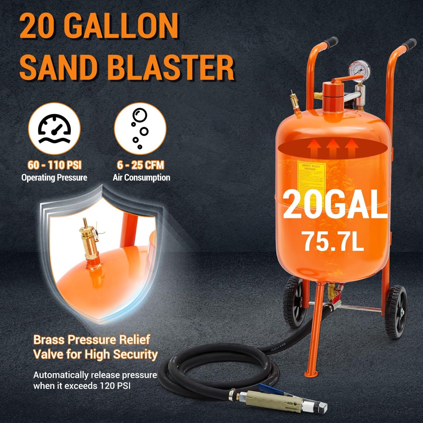 Garvee 20 Gallon Sand Blasting Machine, 60-110 Psi Pressure Air Sand Blasting Kit w/4 Ceramic Nozzles & Oil-Water Separator, Portable Abrasive Blaster for Stain Removal Paint, Orange