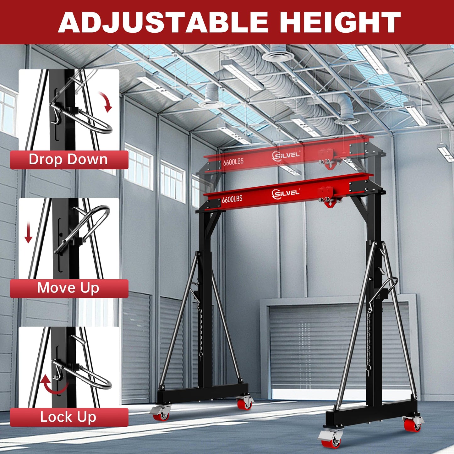 SILVEL 3 Ton 6600Lbs Gantry Crane, 8.53FT Maximum Capacity Width, Adjustable Height 8.53-12.47FT, Portable Shop Lift Hoist with 3 Ton Manual Trolley for Factories, Warehouses, Garage, Red