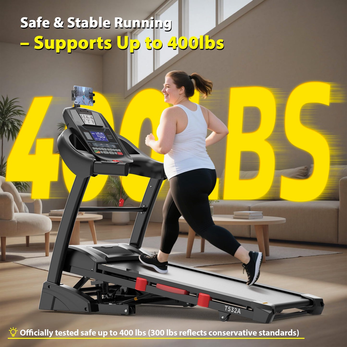 5.0 HP Folding Treadmill 400 lbs Capacity with 15% Auto Incline, Running Machine Treadmill for Home 10MPH, Bluetooth & Pulse Monitor, 71 Programs, 18" Wide Running Deck