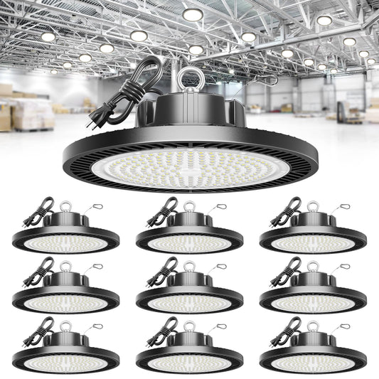 ELEKICO Super Bright 22000lm 5000k 150w 10 Pack UFO Led High Bay Shop Lights with 5'Cable 3-Pin Plug Hook Safe Rope for Garage Factory Warehouse Workshop Barn