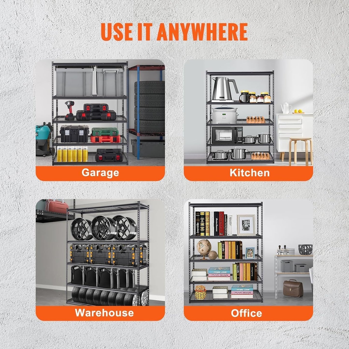 PioneerWorks 2500 Lbs Capacity Heavy Duty Garage Shelving, 48x18x72 Inch 5-Tier Metal Wire Shelves, Adjustable Industrial Storage Rack for Garage, Basement, Warehouse Organization