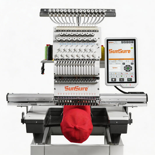 SUNSURE 15-Needle Super Silent Commercial Embroidery Machine, 24″ x 16″ Large Embroidery Area, 1200 SPM Speed, 12 inch Touchscreen, 3D&2D Cap,flat System Included, Pattern Free Design Support