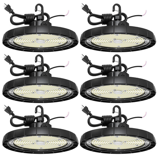 Probapro 200W UFO LED High Bay Lights - High Bay LED Shop Light 0-10V Dimmable, AC100-277V, 6500K Daylight, 26,000LM, 5Ft Cable, Plug and Play Commercial Lighting for Warehouse Factory Barn (6 Pack)