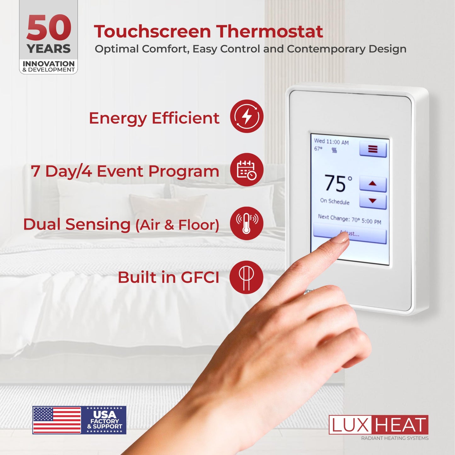 LuxHeat 150sqft Floor Heating Mat Kit – 120v Electric Radiant in Floor Heating Mat – Heated Flooring System for Tile & Laminate - Includes UDG4 Programmable Thermostat w/GFCI, Alarm & Sensor