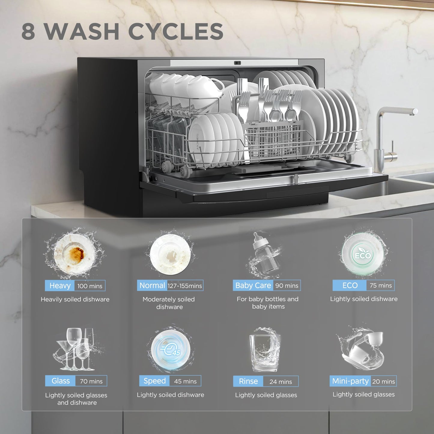 COMFEE’ Countertop Dishwasher, Energy Star Portable Dishwasher, 6 Place Settings & 8 Washing Programs, Speed, Baby-Care, ECO& Glass, Dish Washer for Dorm, RV& Apartment, Black