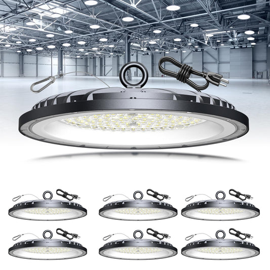 AIKVSXER 6 Pack 200W UFO LED High Bay Light, 30000LM 6000K Daylight LED Shop Lights, IP65 Waterproof Commercial Bay Lighting with Plug for Warehouse Garage Lights Workshop Gym Factory