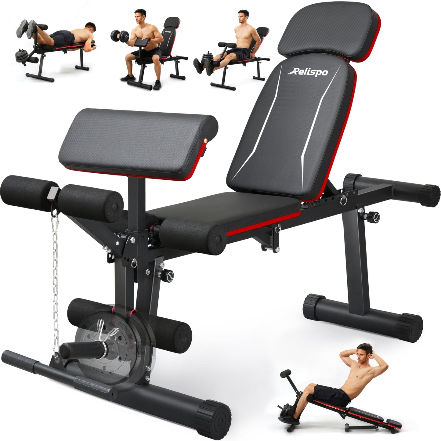 Relispo Upgraded Adjustable Weight Bench with Leg Extension and Leg Curl, 9 Back Positions & Foldable, 1200LB Workout Bench for Home Gym, Flat Decline Incline Bench for Full-Body Strength Training & Big Guys