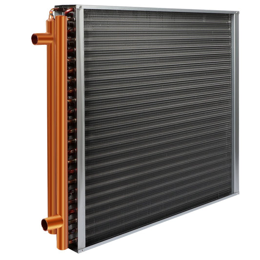 24x24 Heat Exchanger Water to Air, Copper Ports for Outdoor Wood Furnaces, Residential Heating and Cooling, and Forced Air Heating