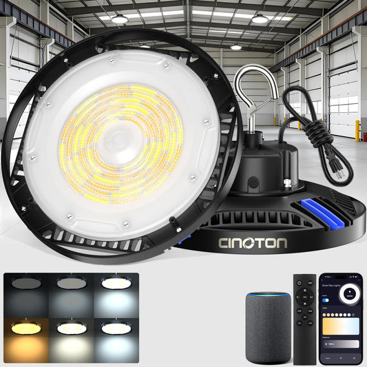CINOTON Smart UFO LED High Bay Light 150W 21000lm, 2700K-6500K 1-100% Brightness Stepless Dimm Aluminum Shop Lights, ETL Listed Lighting for Garage Stadium, APP/Alexa/Remote Control, 120-277V, 2 Pack
