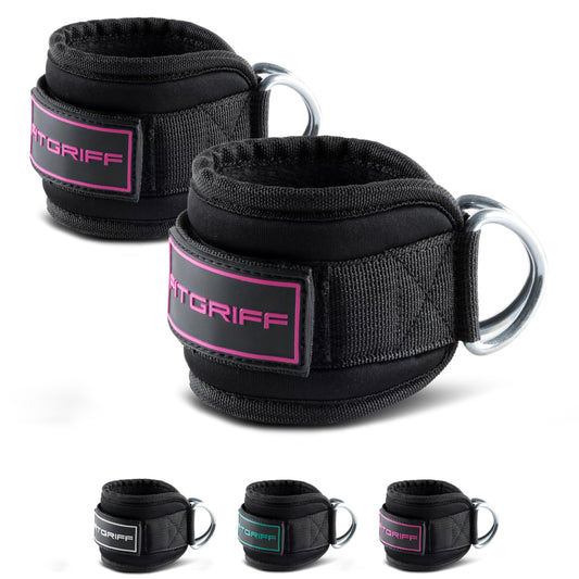 Fitgriff® Ankle Straps V3 for Cable Machine (2 Pieces) - Gym Workout Equipment - Leg Pulley Attachment, Kickback Straps (Black/Pink)