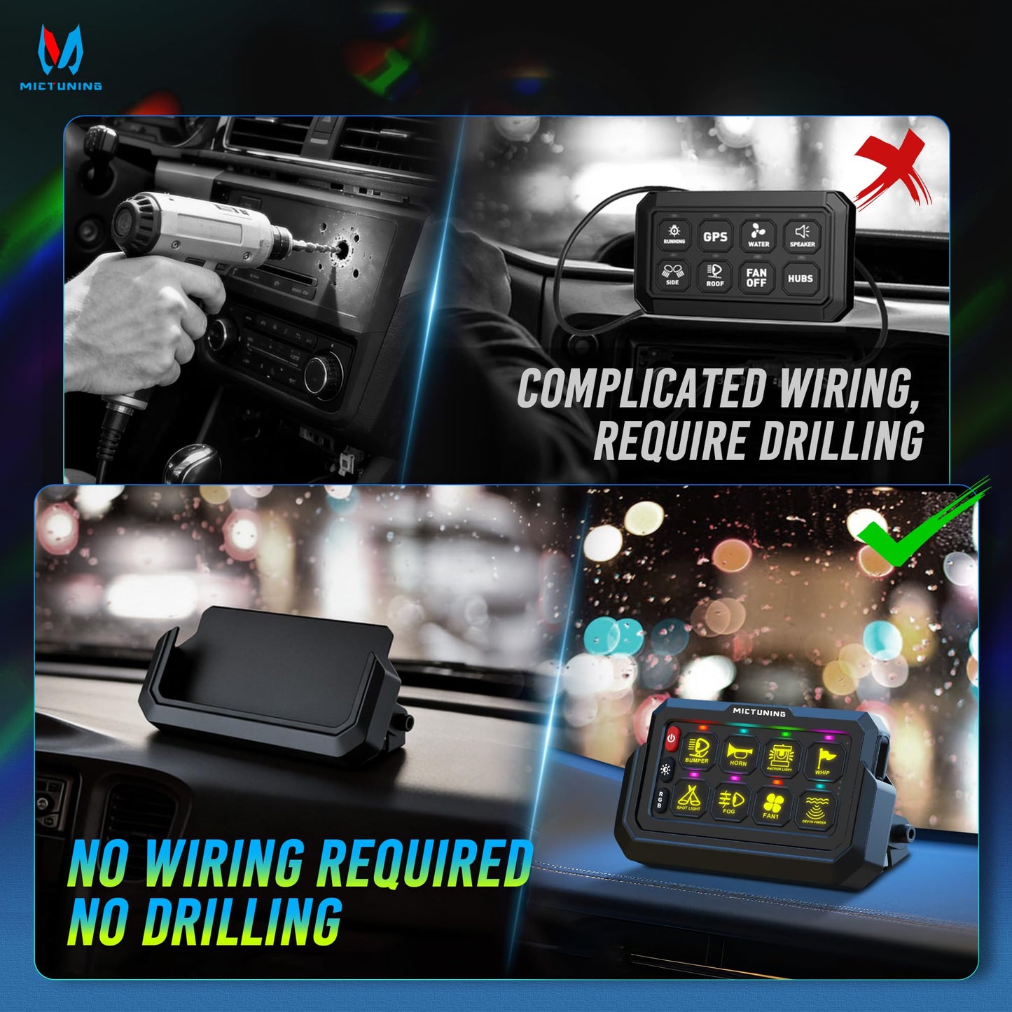 MICTUNING P1s-AC Wireless RGB 8 Gang Switch Panel, 433MHz Remote Control Range Up to 165FT Plug and Play 12V Multifunction Toggle Momentary Strobe Pulsed Circuit Control Relay System Box for Car RV