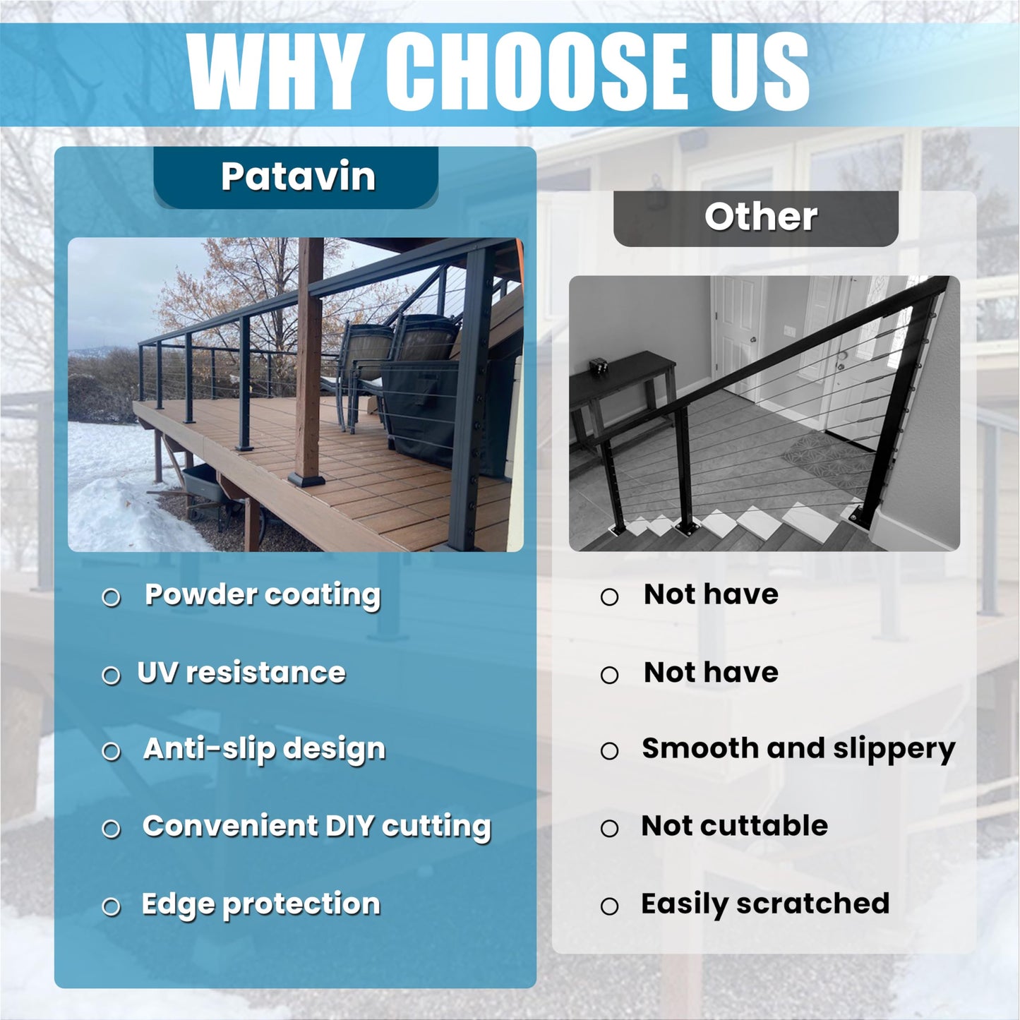 Patavin Complete Set 36" Cable Railing Post Kit, Black 25-35° Angle Drilled Stair Railing Post, Invisible Cable Railing System Kit, 1/8" Stainless Steel Cable, 3Pack with Cable Grommets (No Handrail)