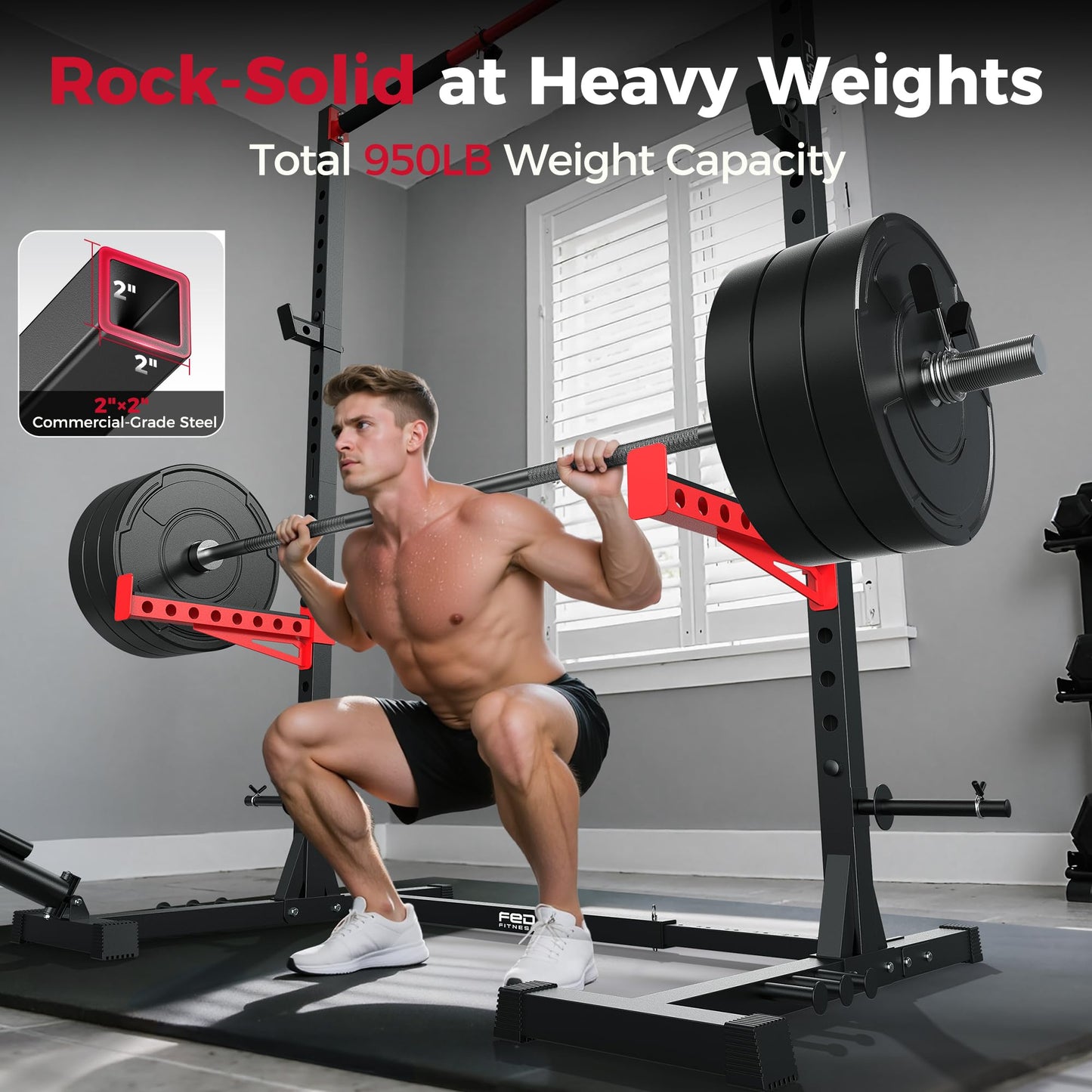 FLYBIRD SR1 Squat Rack with Pull-Up Bar, Multi-Functional Power Rack for Home Gym, 22 Safety Position Height & Adjustable Width for 6/7ft Barbells, Includes Extended J-Hooks & Landmine Attachment