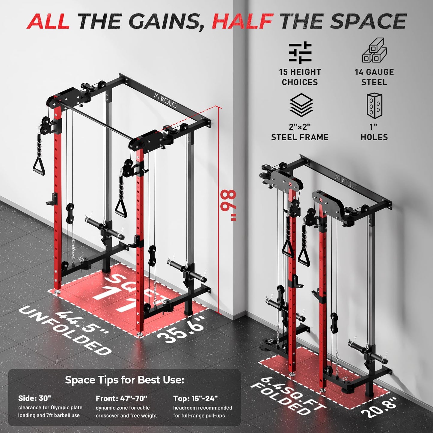 Mikolo Folding Squat Rack, Wall Mounted Power Rack with Cable Crossover Machine & LAT Pull Down, Functional Trainer with 5 Adjustable Function Modes, No Function Interference (Red)