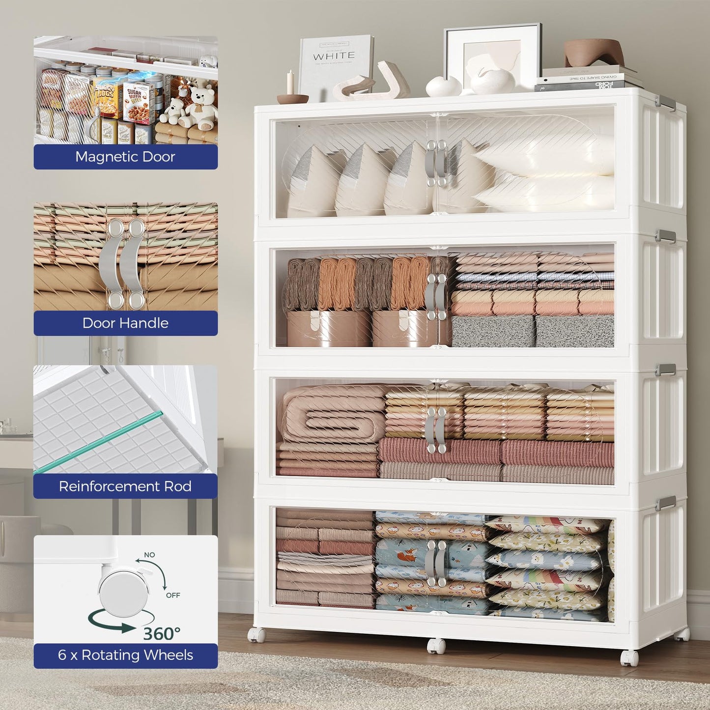 HOCRYPTA 240Gal/960QT 4-Tiers Extra Large Stackable Storage Bins with Lid, Collapsible Cabinet Closet Organizer Plastic Container Box with Wheels Doors Drawers for Living Room Kitchen Office, White