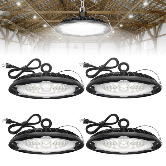 HYPERLITE High Bay LED Lights: 4-Pack 200W UFO LED Light with Plug & Play Plug - 5000K IP65 Waterproof Shatterproof Lighting Fixture