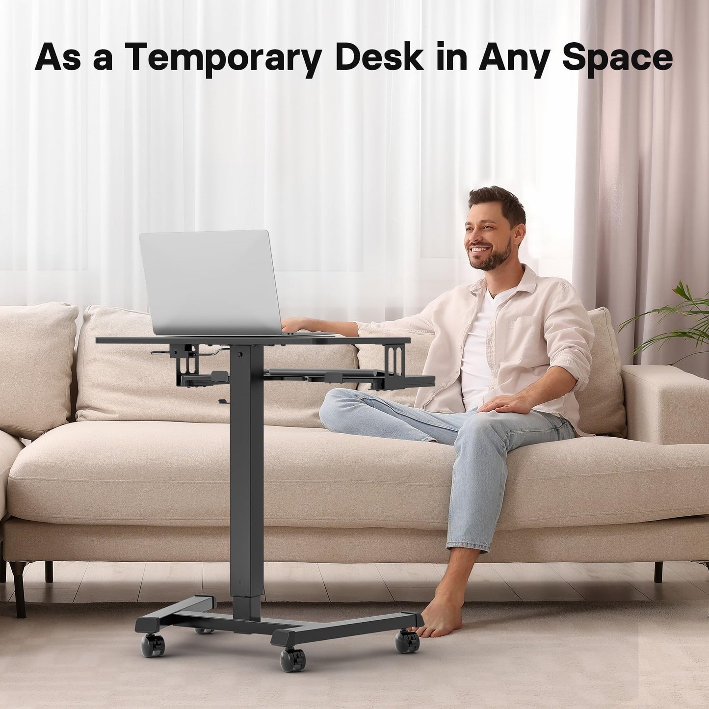 BONTEC Mobile Standing Desk with Keyboard Tray, Mobile Podium, Rolling Laptop Sit Stand Desk on Wheels, Adjustable Height Desk Up to 33lbs, Portable Computer Workstation Cart for Living Room, Office