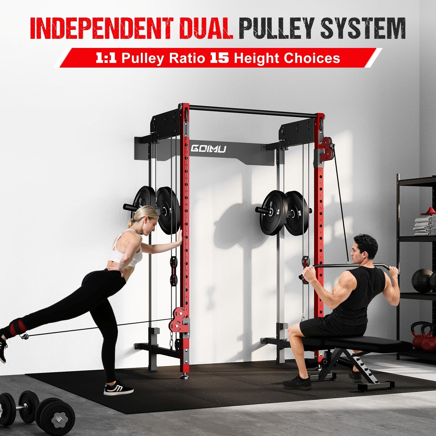 GOIMU WM3-V4 Folding Squat Rack, Wall Mounted Power Rack with Dual Independent Pulley System, Functional Trainer with 5 Adjustable Function Modes for Space Saving (WM3 Folding Cage Red)