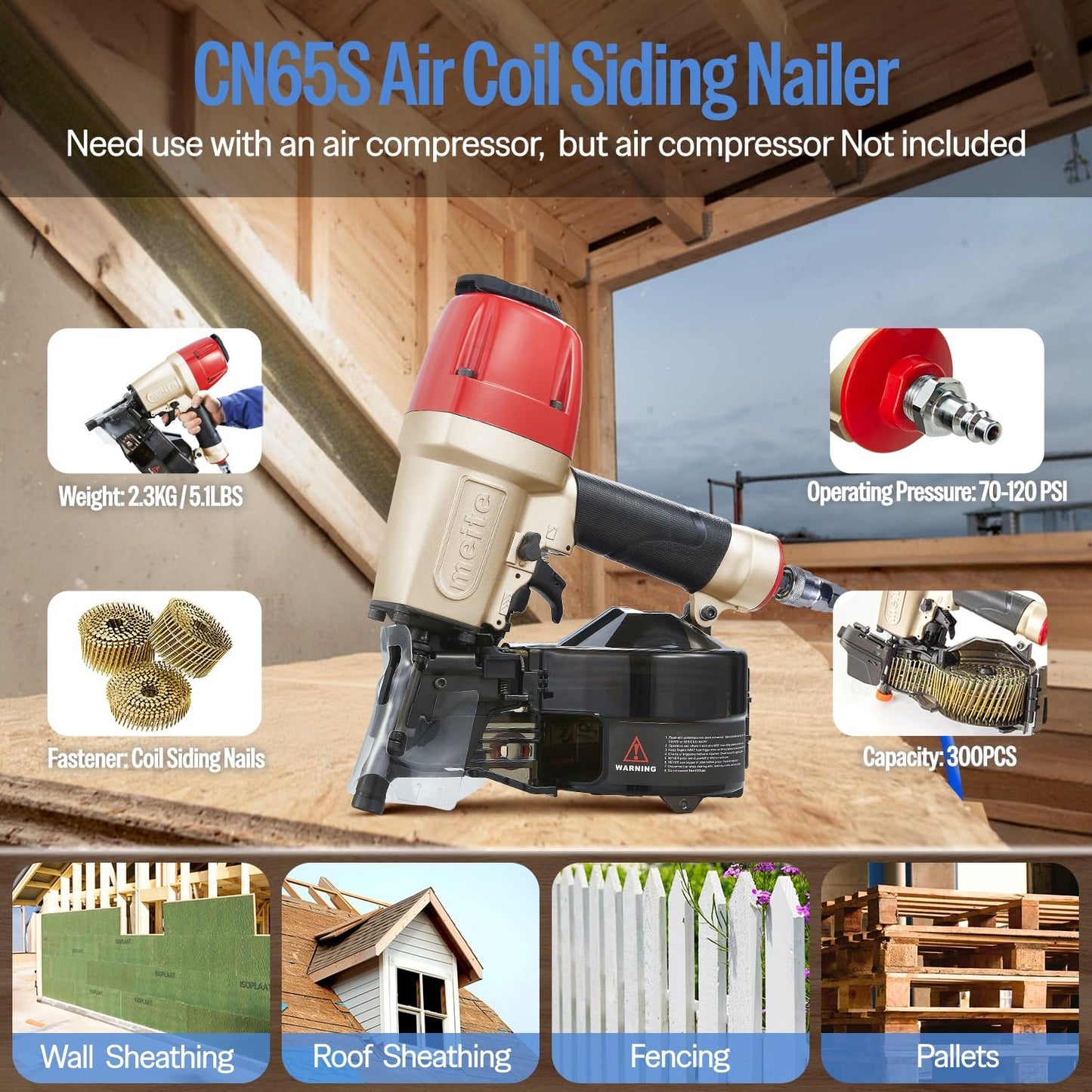 meite CN65S Coil Siding Nailer 15 Degree Pneumatic Nail Gun for Hardwood Fencing Decking Sheathing, Heavy Duty Air Siding Nail Gun with 360° Exhaust & Safety Lock, Drives 1-1/2" to 2-1/2" Coil Nails