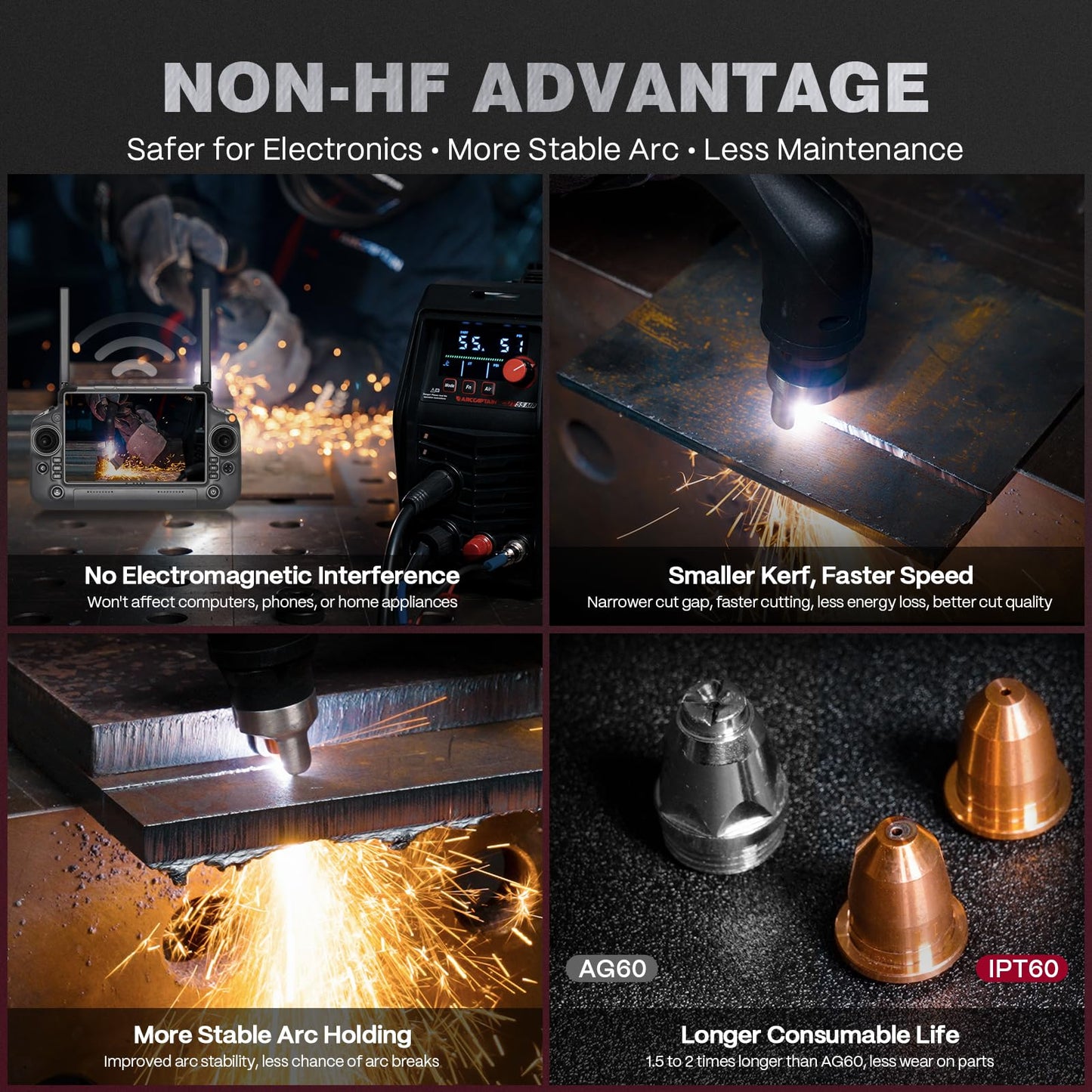ARCCAPTAIN iControl [Non-HF] Plasma Cutter CUT55 MP with APP Control, 55Amp Blowback Pilot Arc, 120V/240V, Upgraded LED Display, Expanded Metal, Rust Removal, Plasma Gouging, Pressure Detection