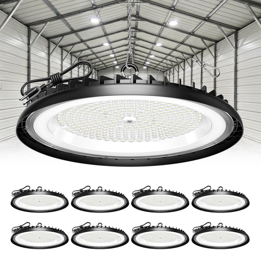 New Super Bright Ultra-Thin 200w High Bay Led Shop Lights| 30000LM 5000K UFO Led High Bay Light with 5ft Cable Hook Safe Rope| Shop&Garage Lighting Lights for Factory Workshop Warehouse Garage Barn