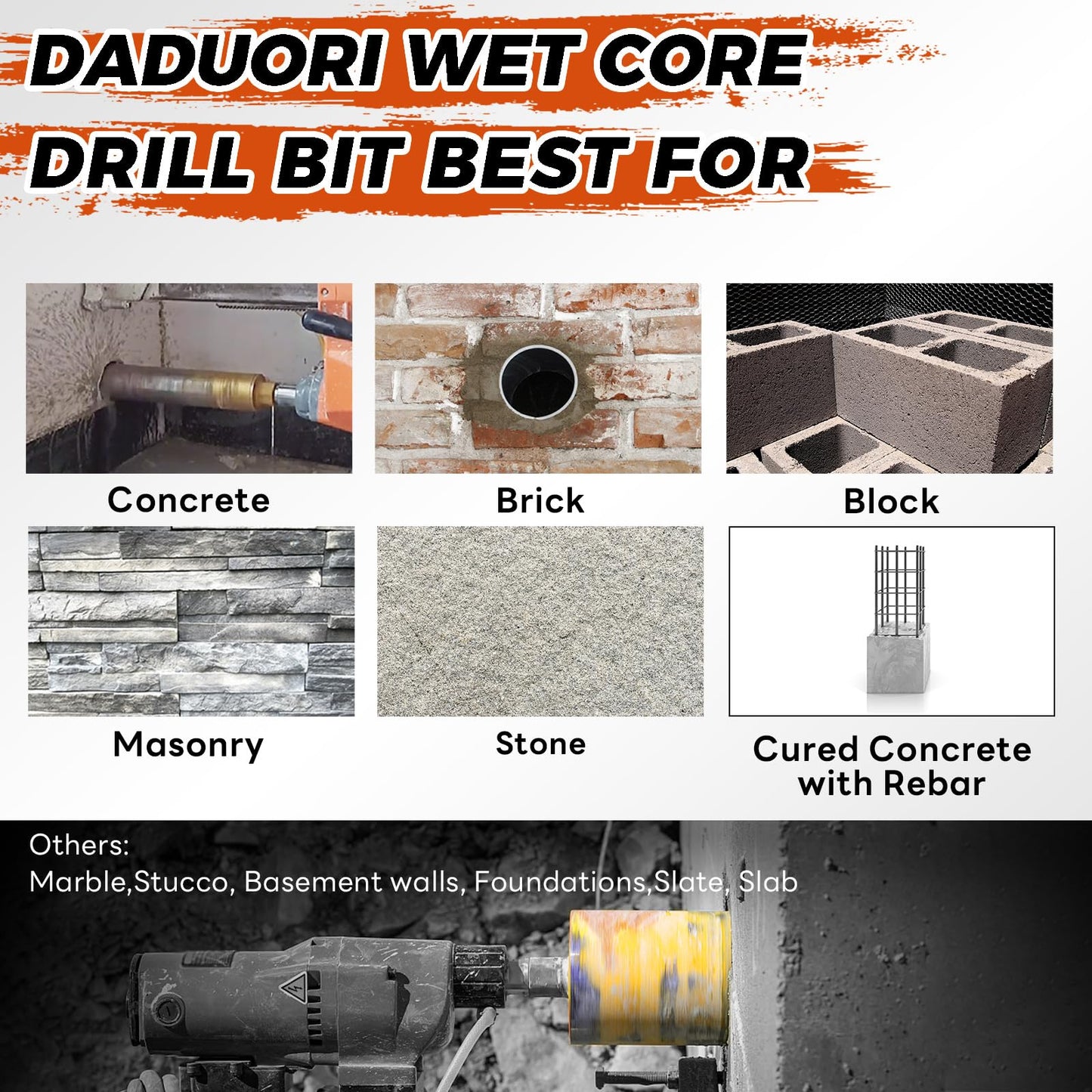 DaduoRi 6" Wet Core Drill Bit & SDS Plus Shank Drill Adapter - 6" Diameter Core Bits for Concrete, 14" Drilling Depth, 1-1/4"-7 Thread Diamond Core Bit for Cured Concrete, Masonry, Brick
