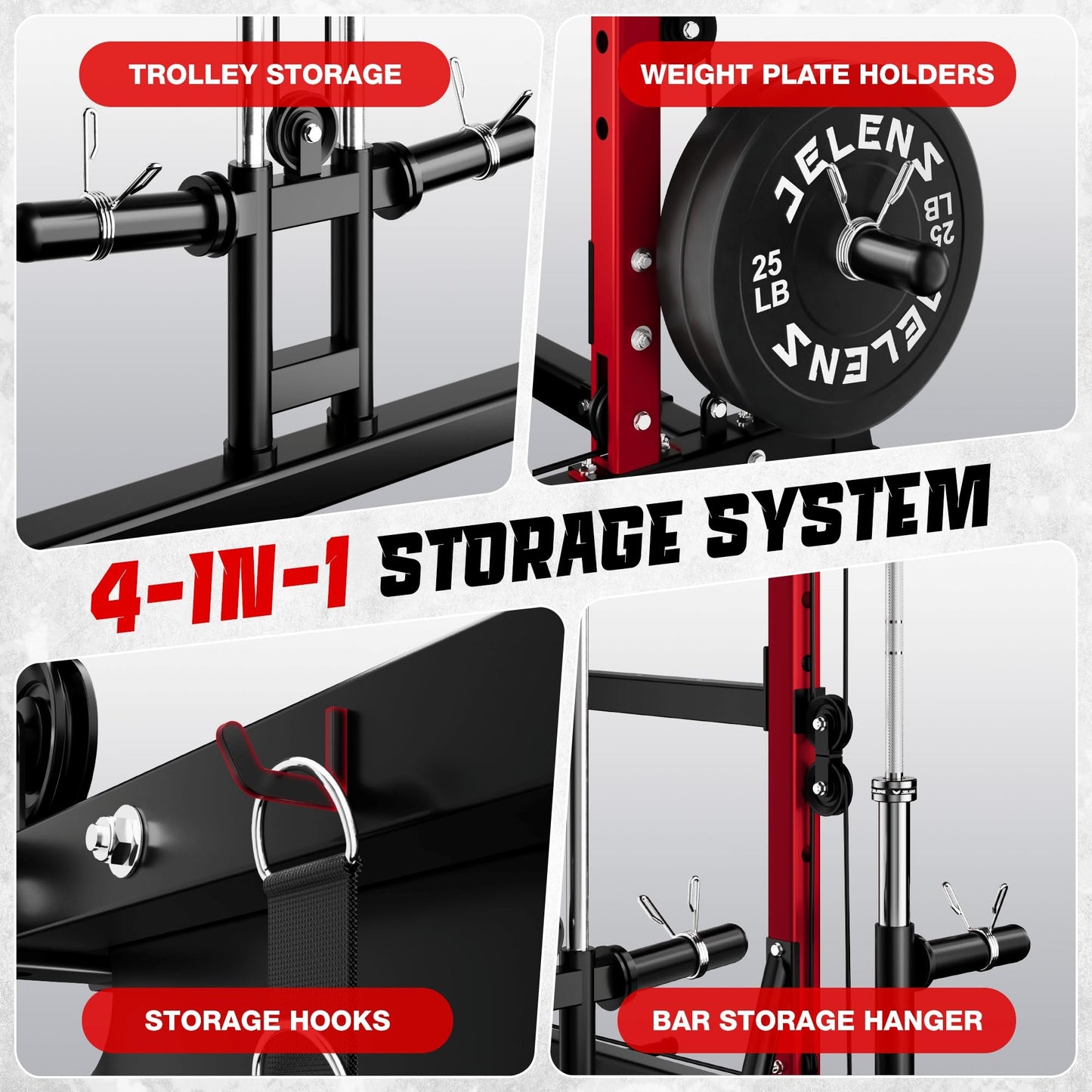 JELENS C12 Squat Rack for Home Gym, 2000LBS Power Rack with Adjustable Pulley System, Power Cage Workout Equipment with LAT Pulldown and Training Attachment (Red, C12 Squat Rack)