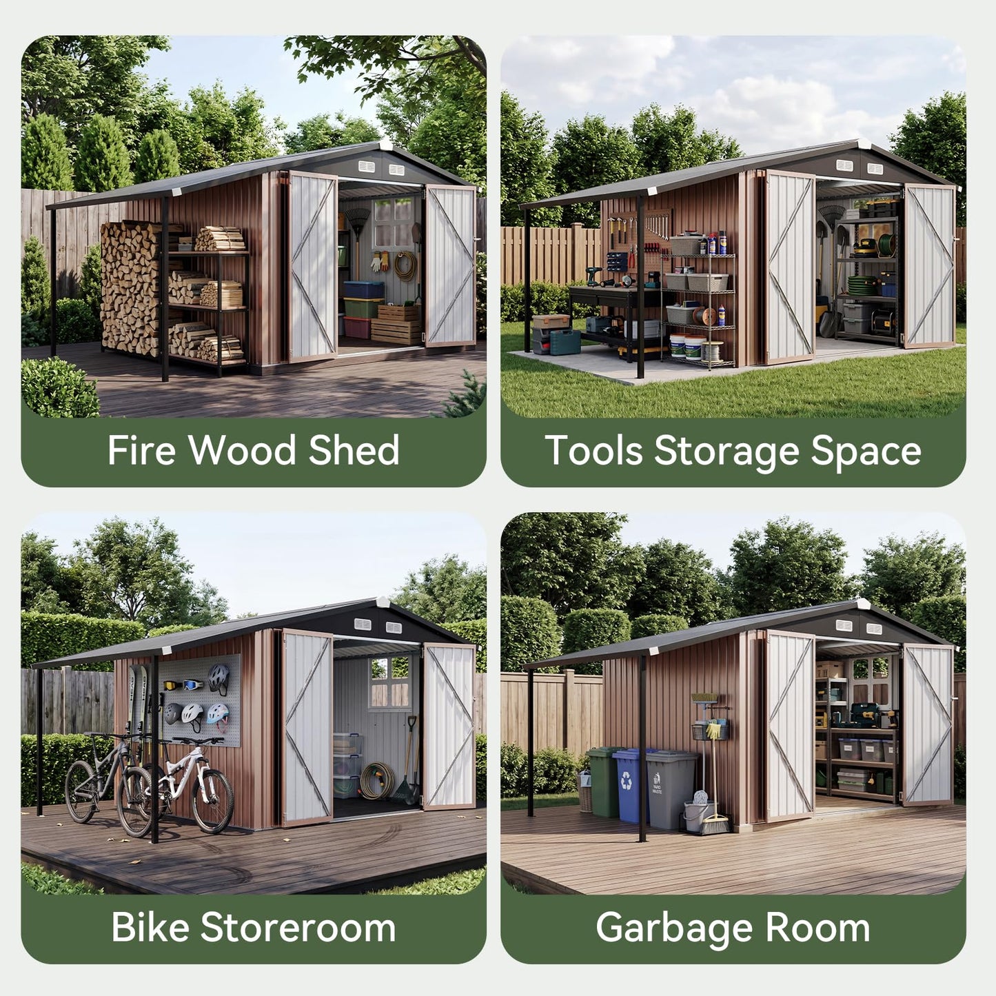 Aoxun 8x12 FT Outdoor Storage Shed Metal Sheds with Open Firewood Storage,Galvanized Steel Garden Shed with Lockable Doors,Sloped Roof,Windows, 2 in 1 Large Tool Shed for Patio, Backyard, Lawn (Brown)