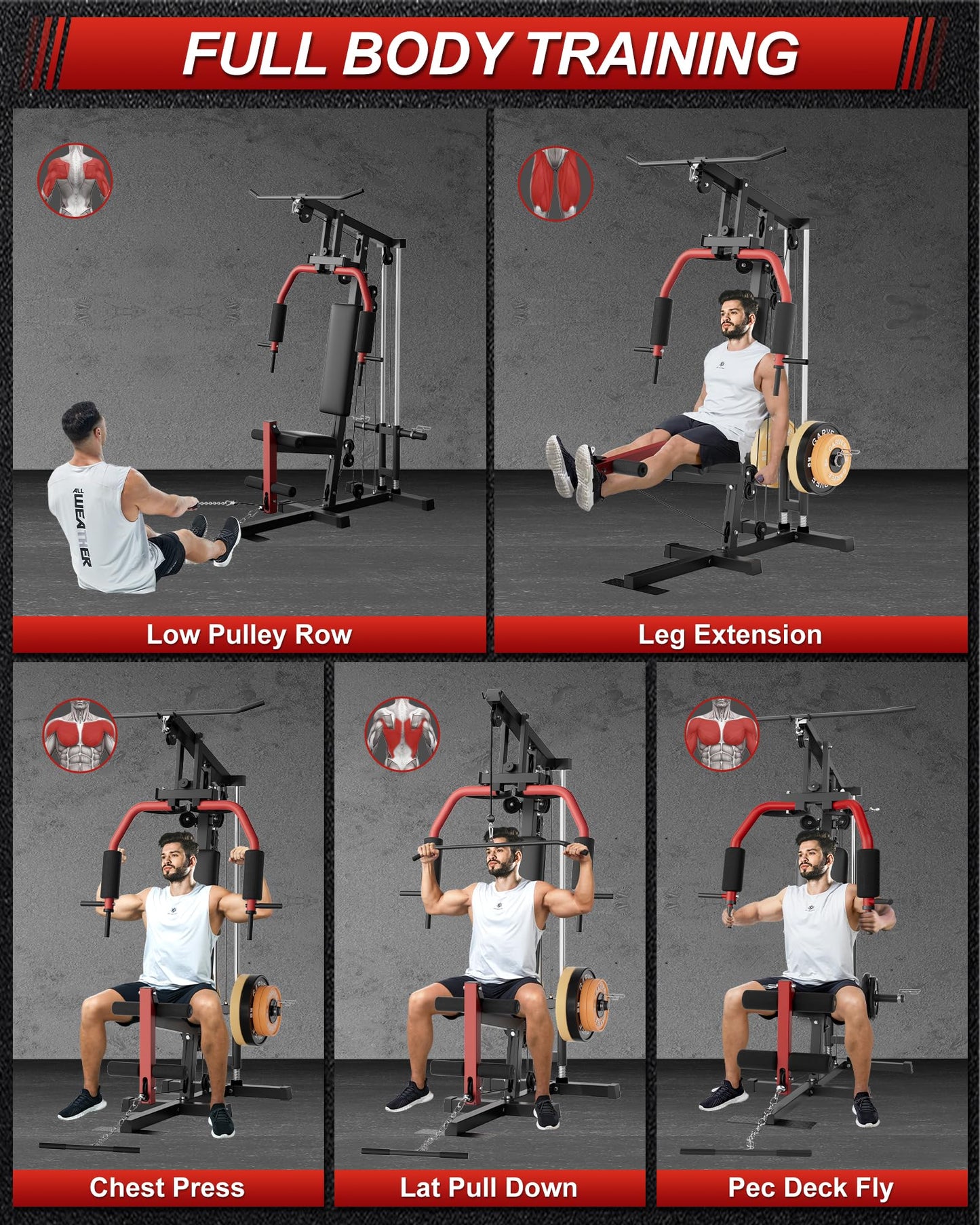 Home Gym Equipment, Compact Weight Machine for Home Full Body Workout, Multifunctional Strength Training Station with LAT Pulldown, Leg Extension, PEC Deck, Fits 1" & 2" Plates, 300LBS
