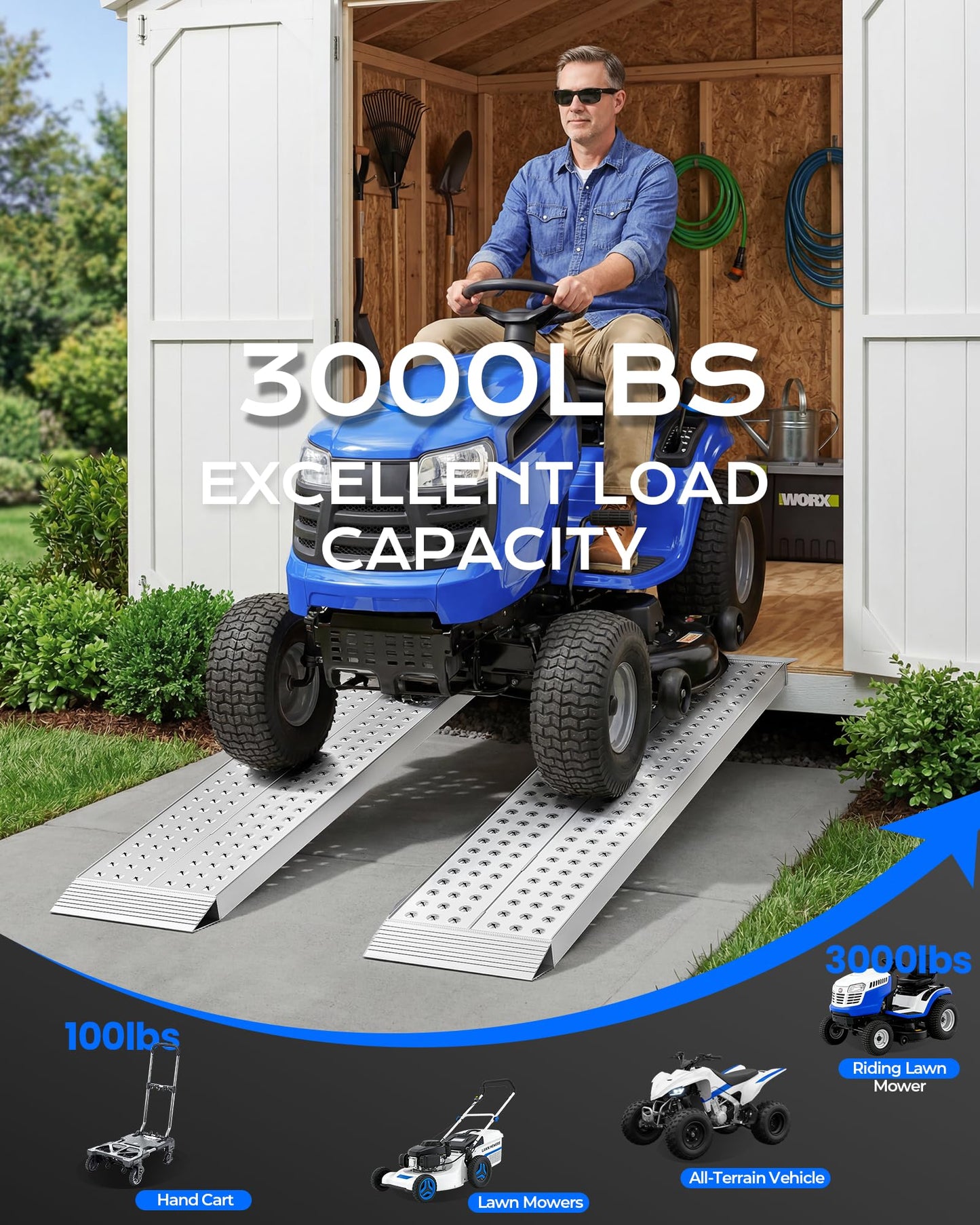 KOLOTOOL Aluminum Shed Ramps for Riding Lawn Mowers, 39" L x 11" W Loading Ramps with 3000 lbs Capacity, Gentle Incline Non-Slip Ramp for Shed, Barn, Garage, ATV, Snow Blower, Garden Tractor