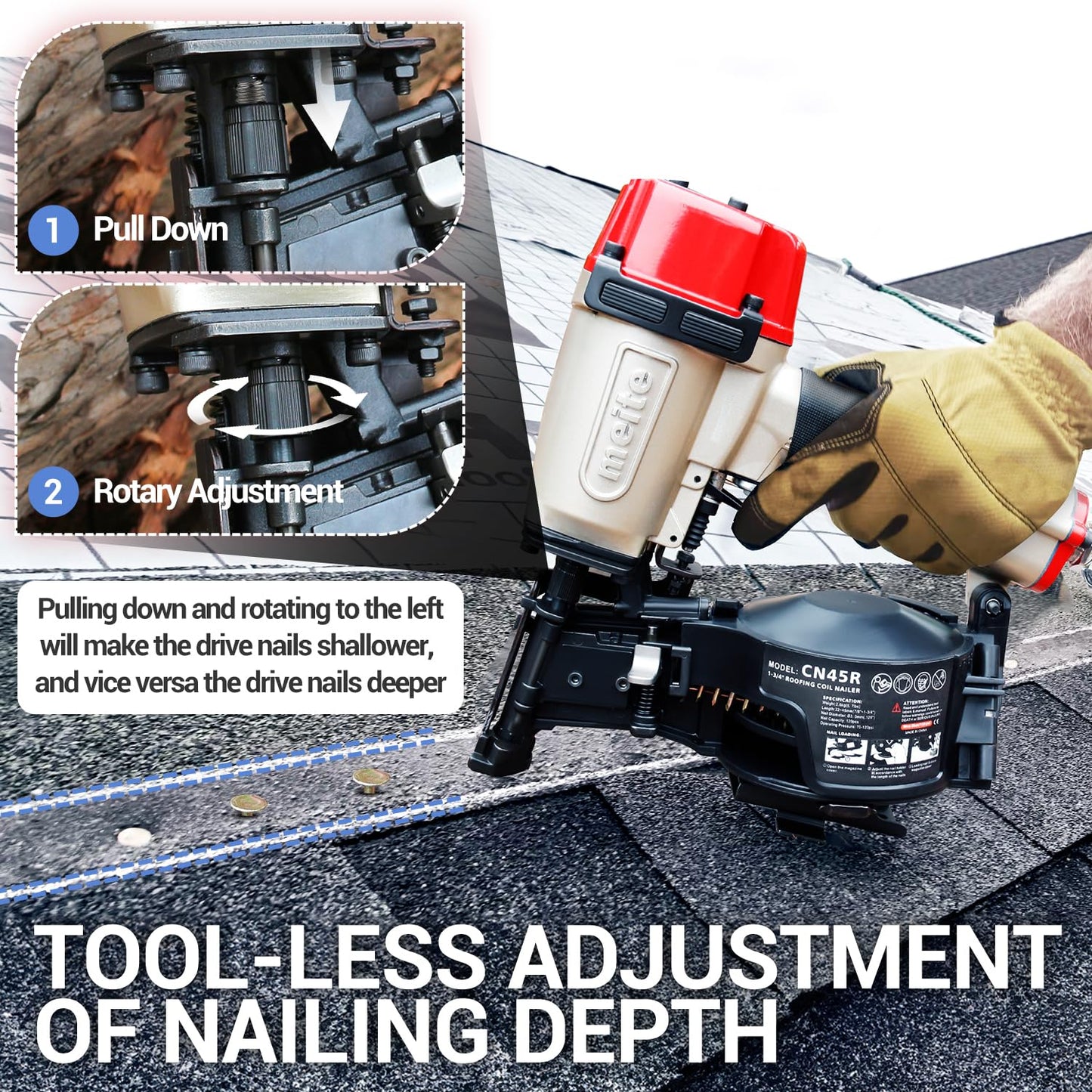 meite CN45R Roofing Nailer 15 Degree Coil Roofing Nail Gun, Pneumatic Nail Gun Accepts 7/8" to 1-3/4" Coil Roofing Nails, Roofing Nailer with 120 Nail Magazine for Asphalt Shingles Decking Sheathing