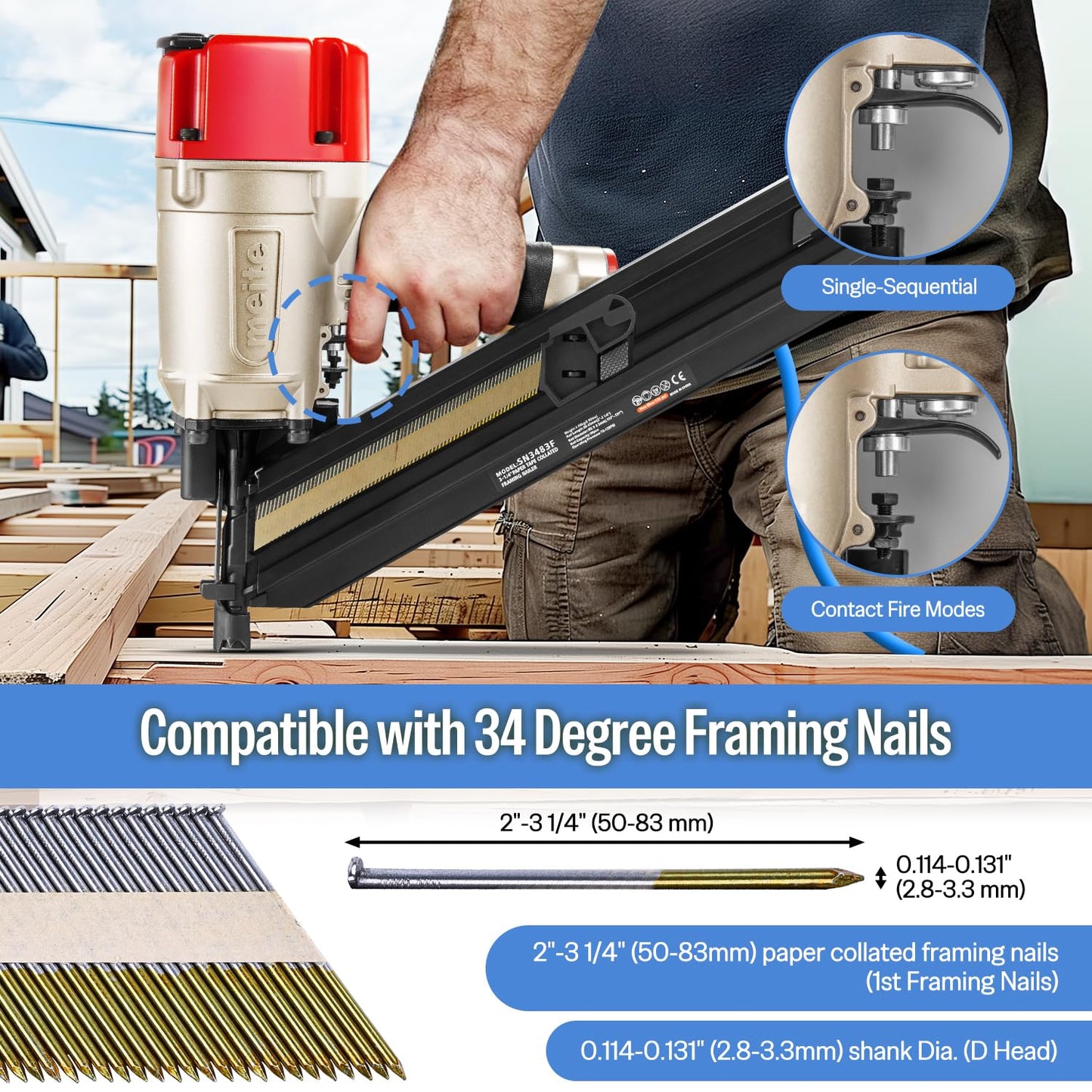 meite SN3483F 30 Degree Framing Nailer Pneumatic Nail Gun, Accepts 30-34 Degree 2" to 3-1/4" Paper Collated Framing Nails, Pro-grade Air-powered Framing Nail Gun Tools for Wall Studs Sheathing Decking
