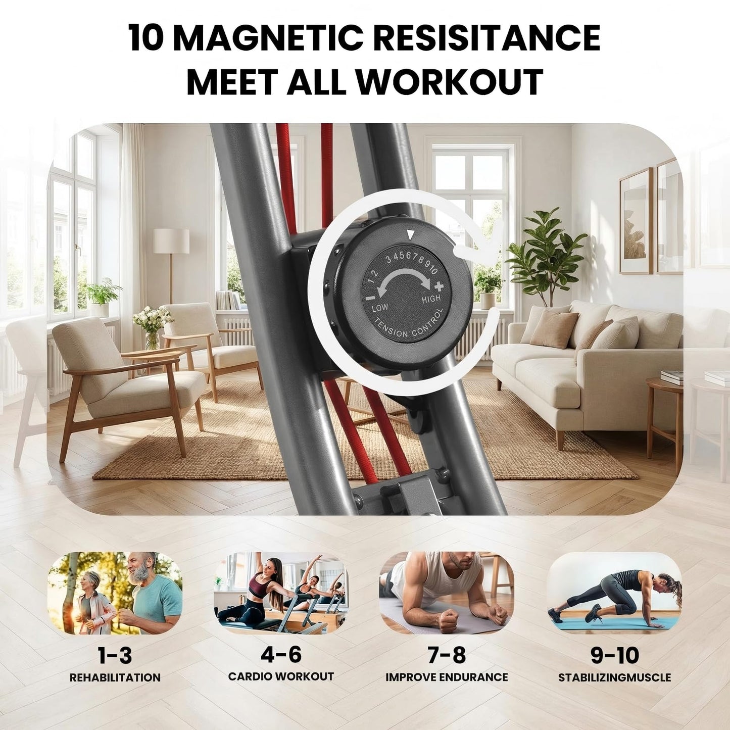 Exercise Bike, 4 IN 1 Stationary Bike, Foldable Folding Exercise Bike with 16-Level Magentic Resistance, Support Back Pad and Phone/Tablet Holder, Arm Resistance Band, Pulse Sensor, LCD Monitor for Home Workout 265LB Capacity