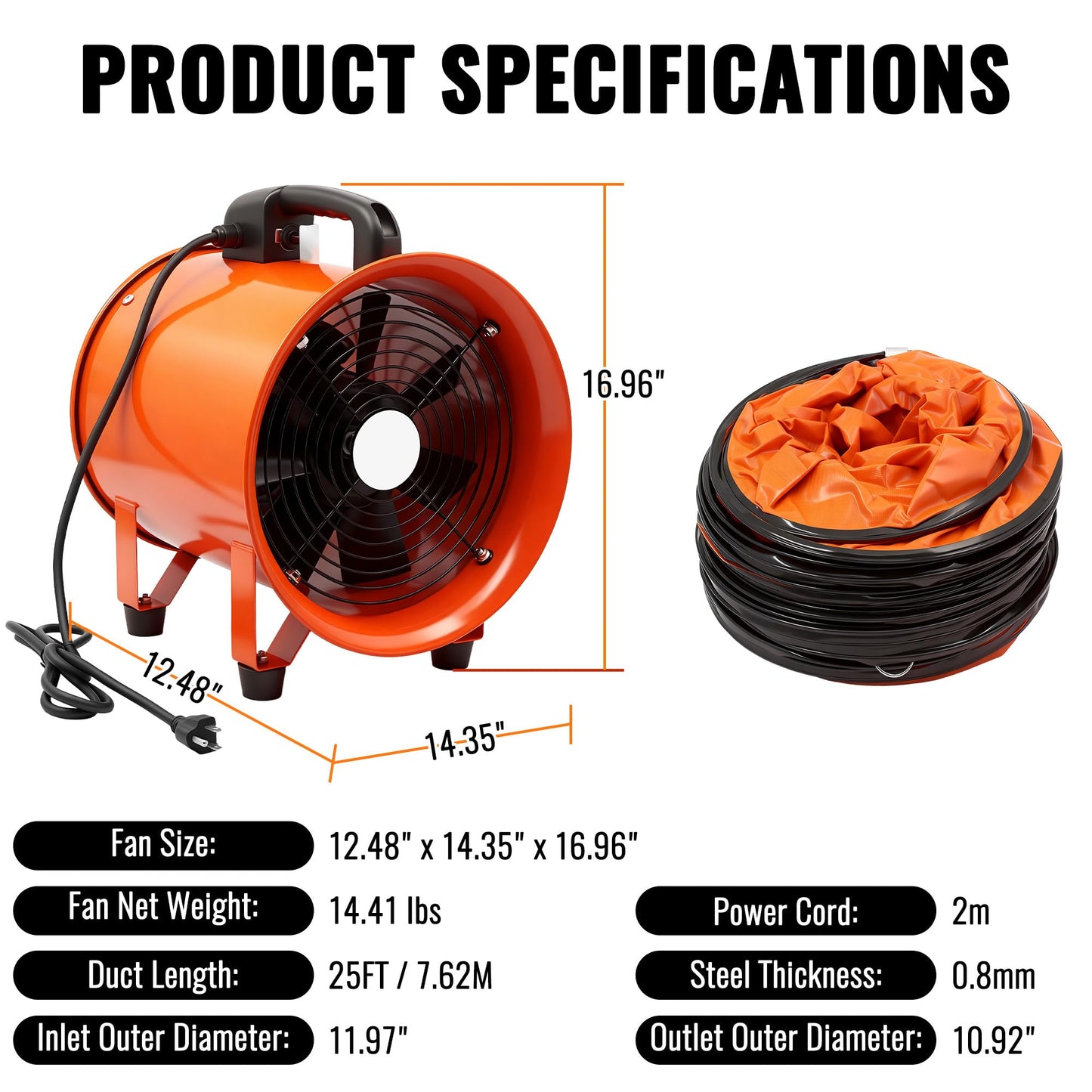 dreamdragon 12-Inch Utility Blower Fan with 25ft Duct – 3300 RPM High Airflow, Low-Noise 69dB, Portable Industrial Ventilator for Crawl Space, Workshop, Basement Drying & Exhaust