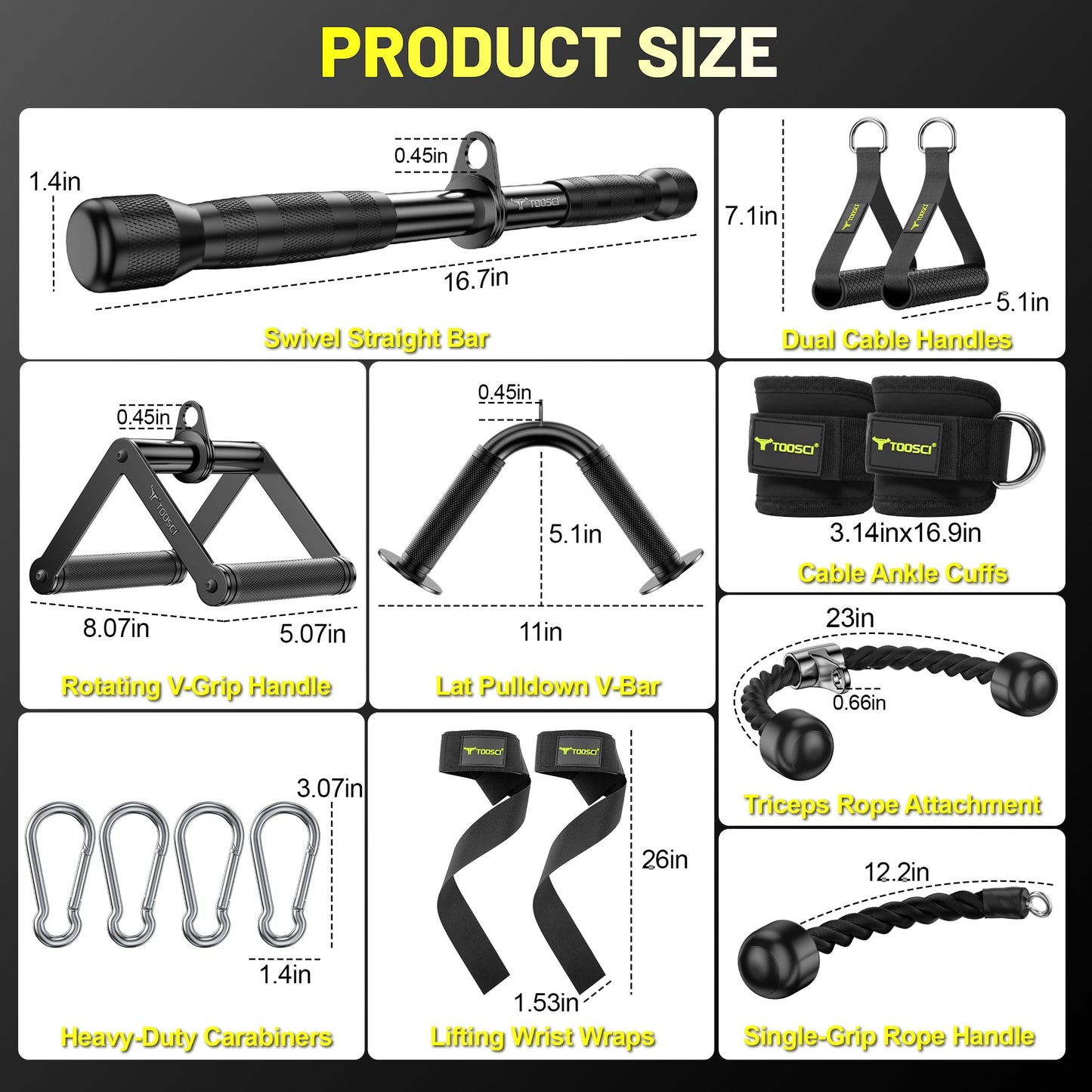 Toosci Cable Attachments for Gym, LAT Pulldown & Cable Machine Attachment Set: V-Shaped Bar, Rotating Straight Bar, V Rotation Handle, Nylon Tricep Rope, Ankle Straps & Handles, Home Gym