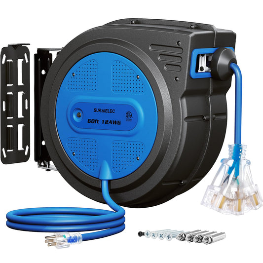 SURAIELEC 12 Gauge Extension Cord Reel, 60 FT Retractable Extension Cord, 12 AWG/3C SJTOW Heavy Duty Power Cord, 13 AMP Circuit Breaker, Lighted Triple Tap, Ceiling or Wall Mount, ETL Listed, Blue