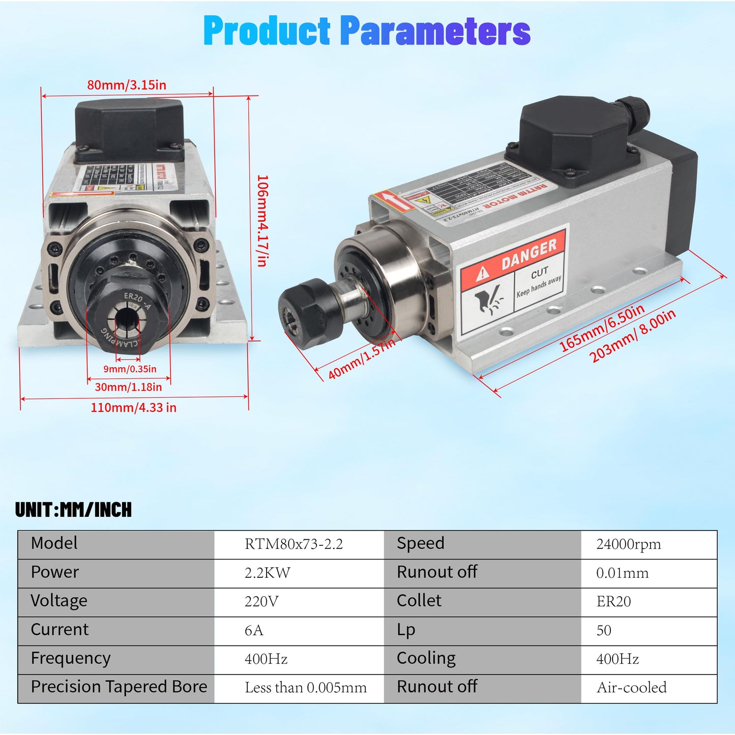 RATTMMOTOR 2.2KW Spindle Motor 220V Square Air Cooled ER20, 24000RPM High Speed Spindle 4 Bearings 3-Phase 6A 400Hz for CNC Router Engraver Milling Cutting Machine