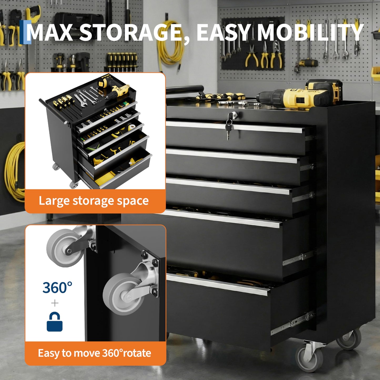 PeakPursuit 5-Drawers Rolling Tool Chest, Portable Tool Box with Wheels and Lock System, Secure Storage Cabinet for Warehouse, Workshop, and Repair Shop, Black