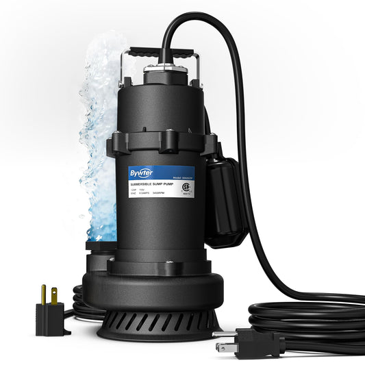 BYWTER 1/2 HP Sump Pump, 4200 GPH High Flow, 26 FT Lift, 115V Cast Iron Sewage Pump with Automatic Float Switch and Manual Control, Heavy Duty Sewage/Effluent Pump for Basement, 10 FT Power Cord