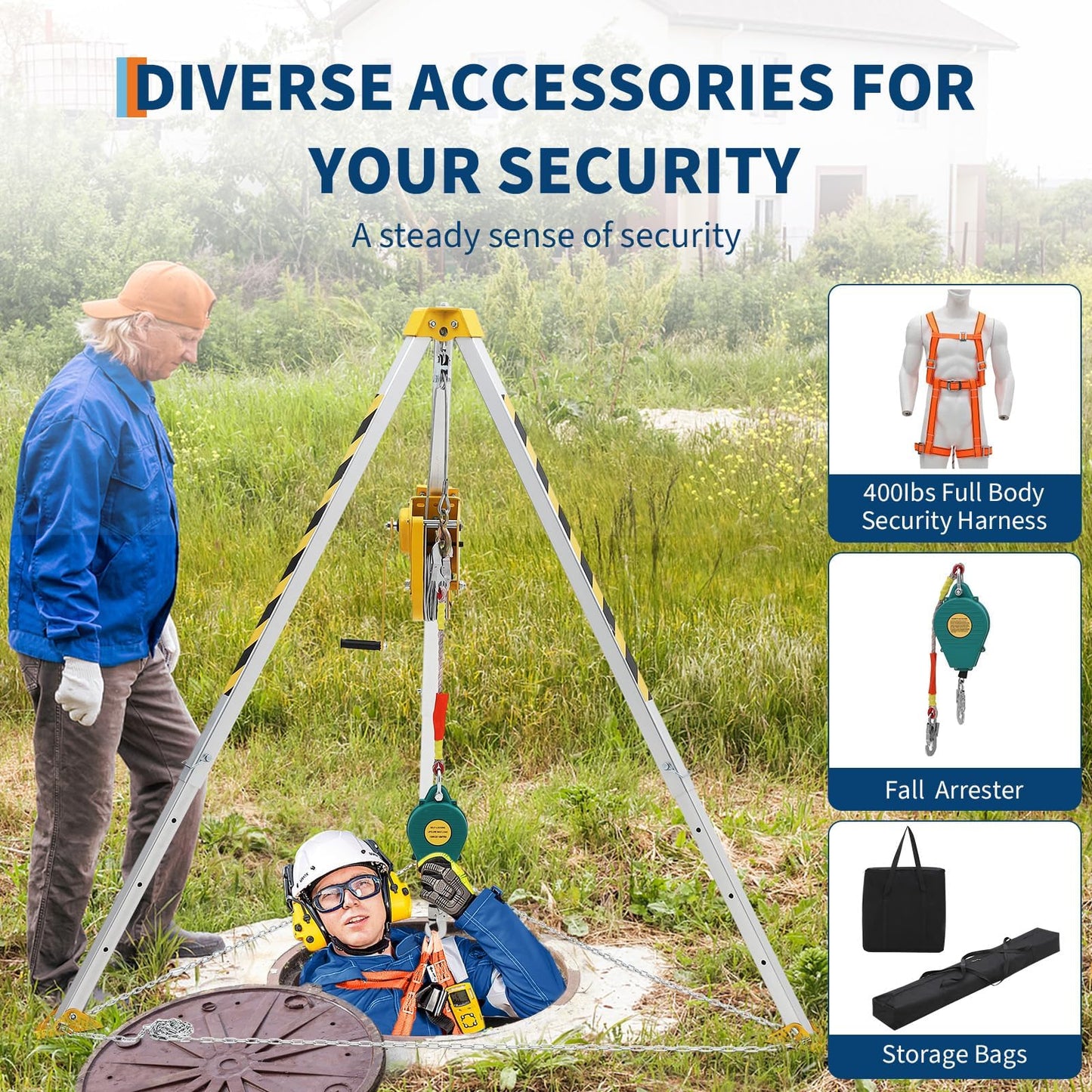 Confined Space Tripod Kit with 1200 Lb Winch, 8 Ft Adjustable Tripod Stand, 98 in Steel Cable, 440 Lb Load Capacity, Rescue & Fall Protection System, Storage Bag for Traditional Confined Spaces