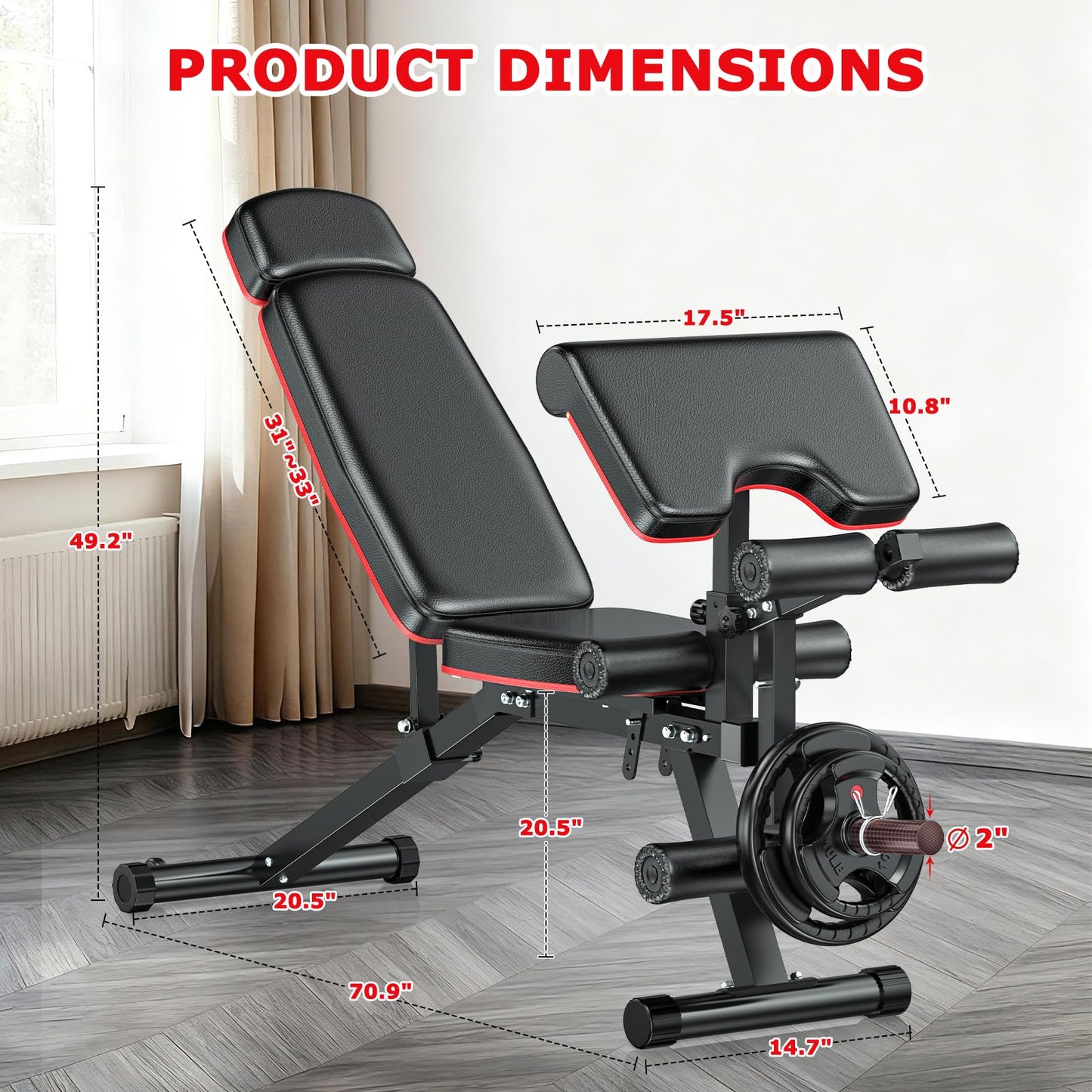 XDDIAS Workout Bench, Weight Bench with Leg Extension and Leg Curl, Preacher Curl Bench with Extended Headrest, Adjustable Incline Decline Flat Bench for Home Gym, 900LBS