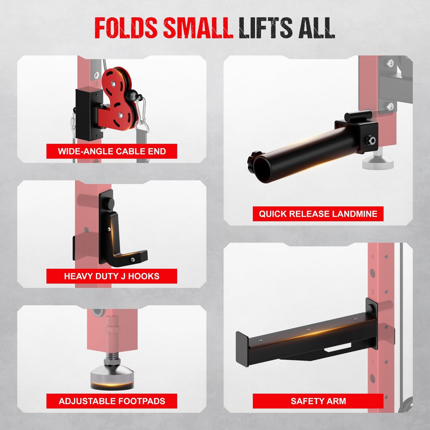 GOIMU WM3-V4 Folding Squat Rack, Wall Mounted Power Rack with Dual Independent Pulley System, Functional Trainer with 5 Adjustable Function Modes for Space Saving (WM3 Folding Cage Red)