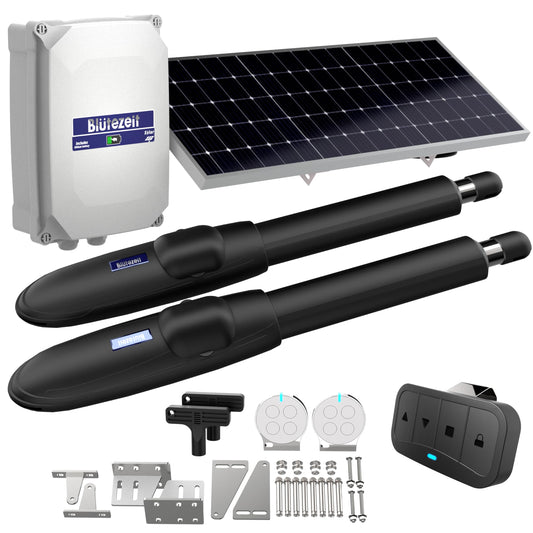 Blütezeit MS650 Solar Dual-Arm Swing Gate Opener + Visor Clip Remote – 1760 lb Operator with 24V Battery, 25W Solar Panel & Car-Mount Remote