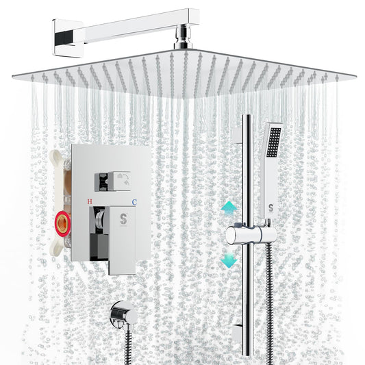 SR SUN RISE 12 Inch Slide Bar Shower System, Square Rain Shower Head and Handheld Spray, Wall Mounted Shower Faucets Sets Complete Included Valve and Shower Trim Kit, Polished Chrome