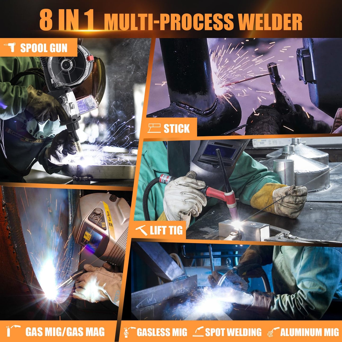 HIZONE MIG-200PRO MIG Welder, 200Amp 110/220V 8 in 1 MIG Welding Machine, Gas MIG/MAG/Flux MIG/Spool Gun/Spot Welding/Lift TIG/Stick Multiprocess Welder, Aluminum & Copper Support