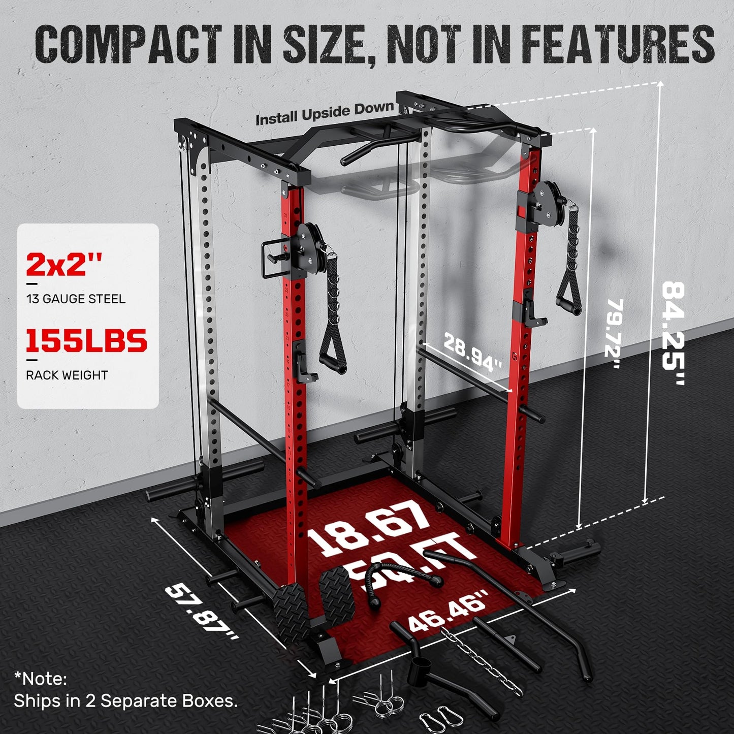 GOIMU DP01 Power Cage, 2000LBS Squat Rack with Cable Crossover and Dual Independent Pulley System, Full Cage for Full Body Training, Power Rack with More Training Attachments for Home Gym (Red)
