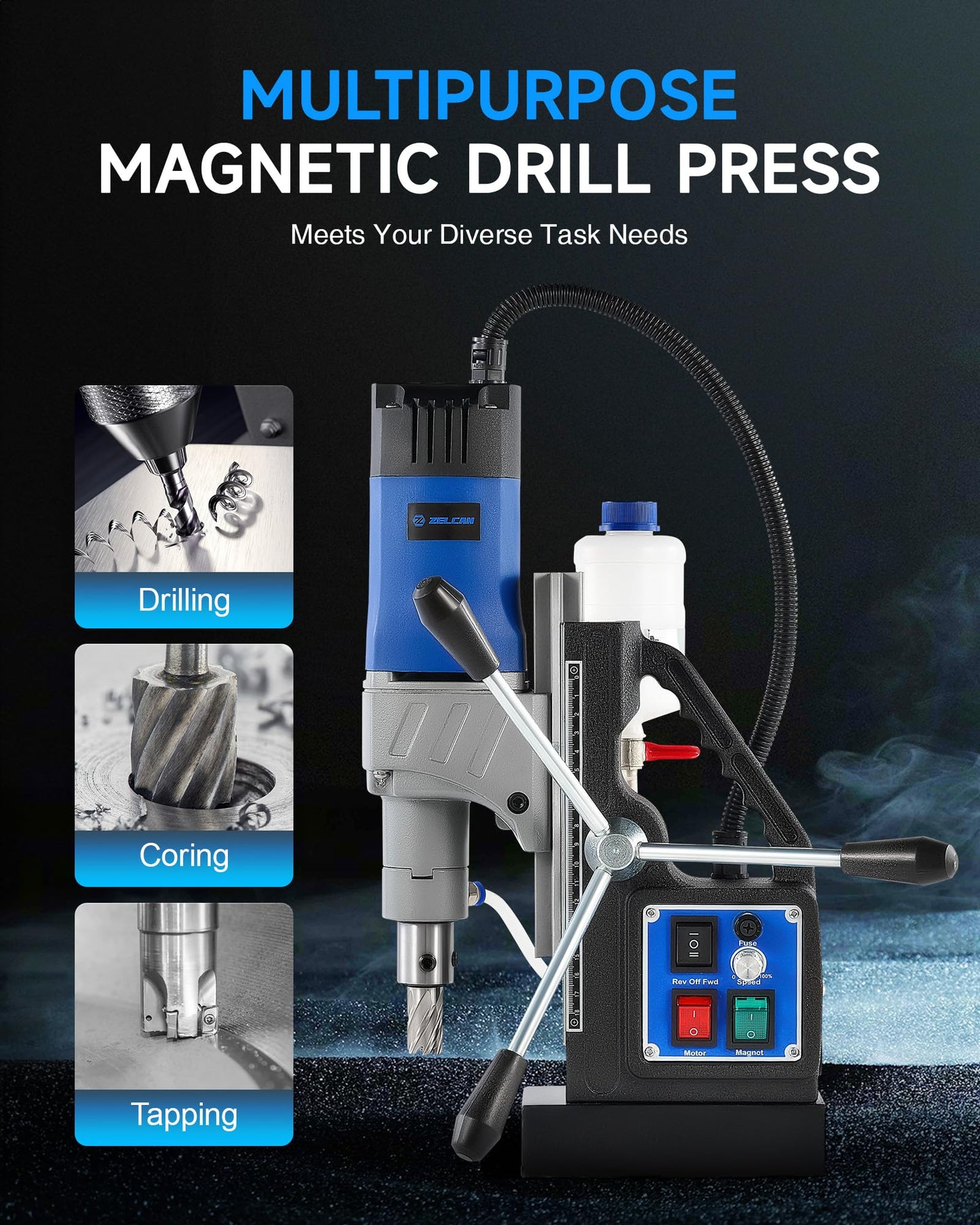ZELCAN Mag Drill Press with 6 Drill Bits, 1550W Portable Magnetic Press with 2" Boring Diameter, 0-580 rpm Stepless Speed & Reversible Direction, 2922 lbf Power Magnetic